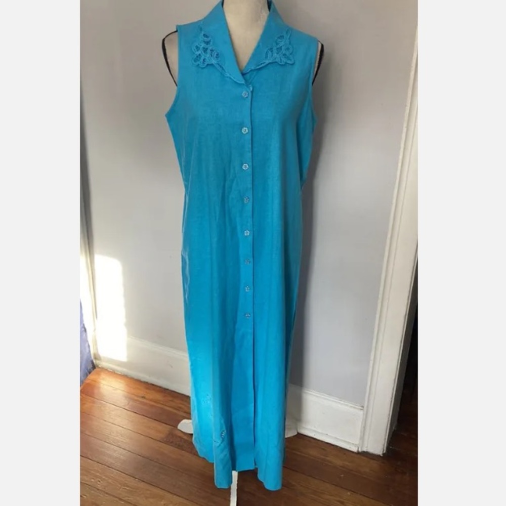 8-7 Erika Maxi dress linen Blend long button front embroidered Blue Y2K vtg